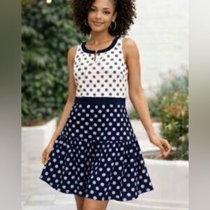 J. Crew Sleeveless Color Block Polka Dot 40's style Dress in white and blue Sz 2